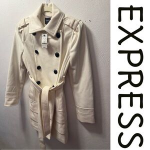 Express Cream Wool Blend Peacoat Trench Coat Belted NWT XS $198